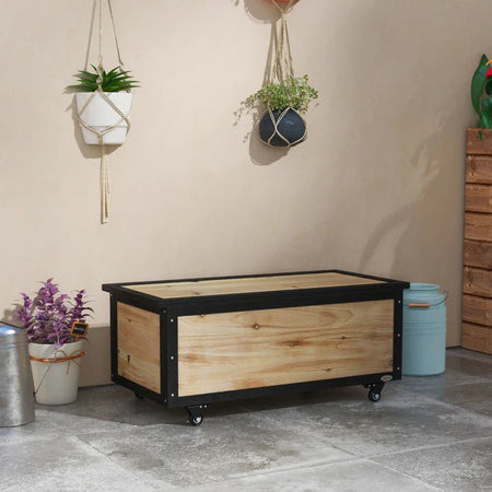 Panca Contenitore da 121L con 4 Rotelle e Maniglie in Legno e Acciaio, 100x50x43cm, Colore Legno 84G-322V00ND