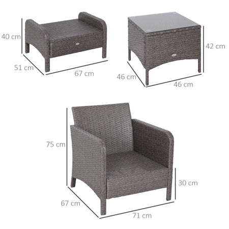 Set Mobili da Giardino 2 Poltrone 2 Poggiapiedi 1 Tavolino in Vetro Temperato Rattan Grigio 860-066
