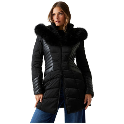 Guess piumino nero con cappuccio in pelliccia sintetica NEW OXANA