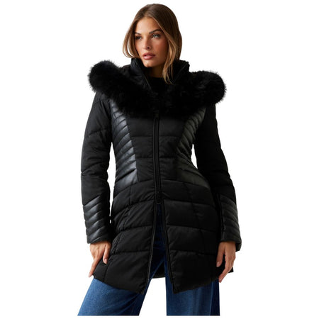 Guess piumino nero con cappuccio in pelliccia sintetica NEW OXANA