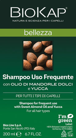 BIOKAP Shampoo idratante Uso Frequente, con Olio di Mandorle Dolci e Yucca Adatto a tutti i tipi di capellI, Rende i capelli luminosi, 200 ml - Naturopatica shop & therapy
