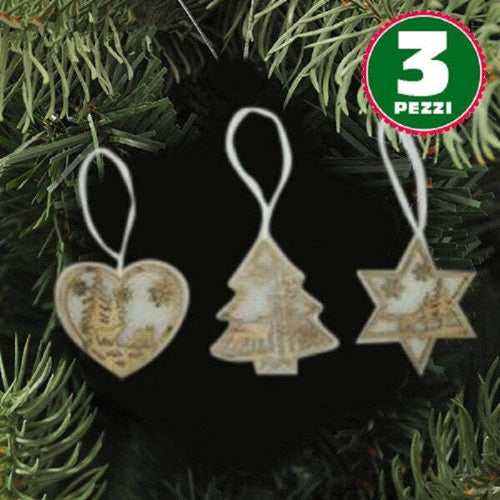 3-Appendini-Natale-In-Legno-E-Ovatta-Forma-Stella-Albero-Cuore-Con-Scenario-16cm