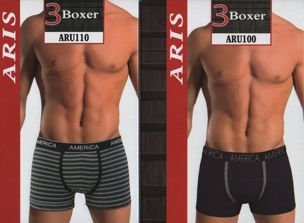 3 Paia Boxer Uomo Aris Fantasia Righe O Tinta Unita Blu Grigio Nero Art. Aru110 Rigato/ 100 Tinta Unita