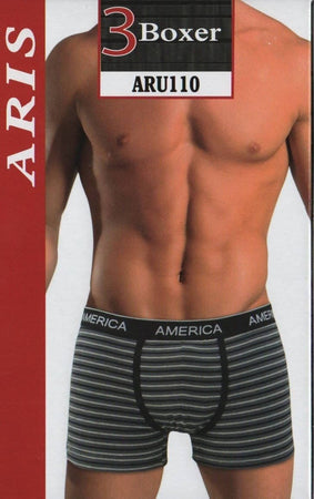 3 Paia Boxer Uomo Aris Fantasia Righe O Tinta Unita Blu Grigio Nero Art. Aru110 Rigato/ 100 Tinta Unita