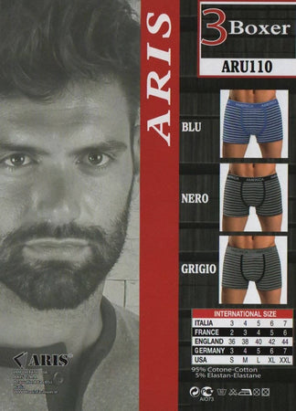3 Paia Boxer Uomo Aris Fantasia Righe O Tinta Unita Blu Grigio Nero Art. Aru110 Rigato/ 100 Tinta Unita