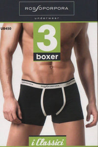 3 Paia di Boxer Uomo in Cotone Elasticizzato RossoPorpora con Elastico Esterno 1Nero +1Grigio +1Blu art. UB450