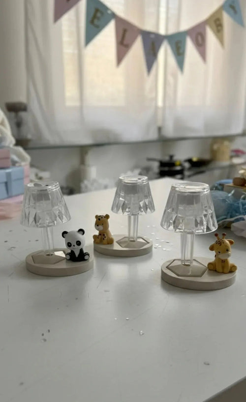 3 Pezzi Bomboniera Nascita Bimbo Bimba Lumetto LED Baby Zoo Plex e Legno