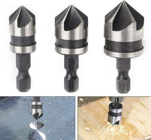3-Pz-Punta-Trapano-Flauto-Svasatore-Fresa-Hss-12-16-19mm-Legno-Metallo-Plastica