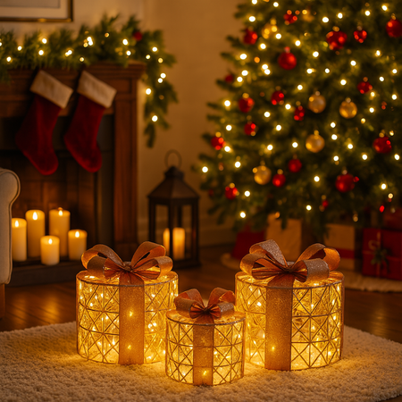 Pacchi regalo color champagne con luci Led per decorazione natalizia set da 3