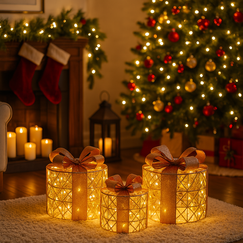Pacchi regalo color champagne con luci Led per decorazione natalizia set da 3