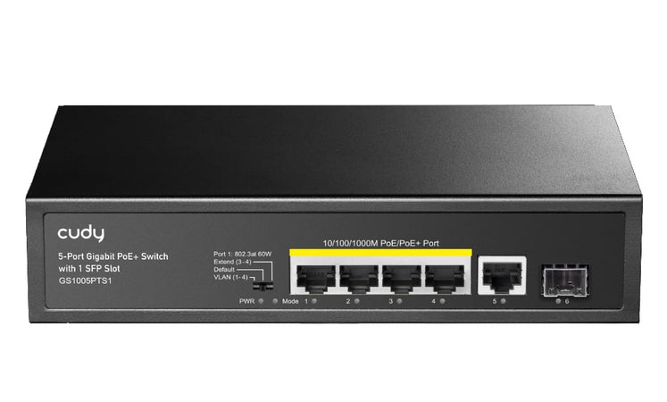 Switch Gigabit PoE+ 5 Porte con 1 Slot SFP, GS1005PTS1
