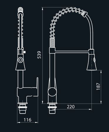 Rubinetto cucina industriale 50 cm in ottone con leva clinica e doccetta multigetto professionale