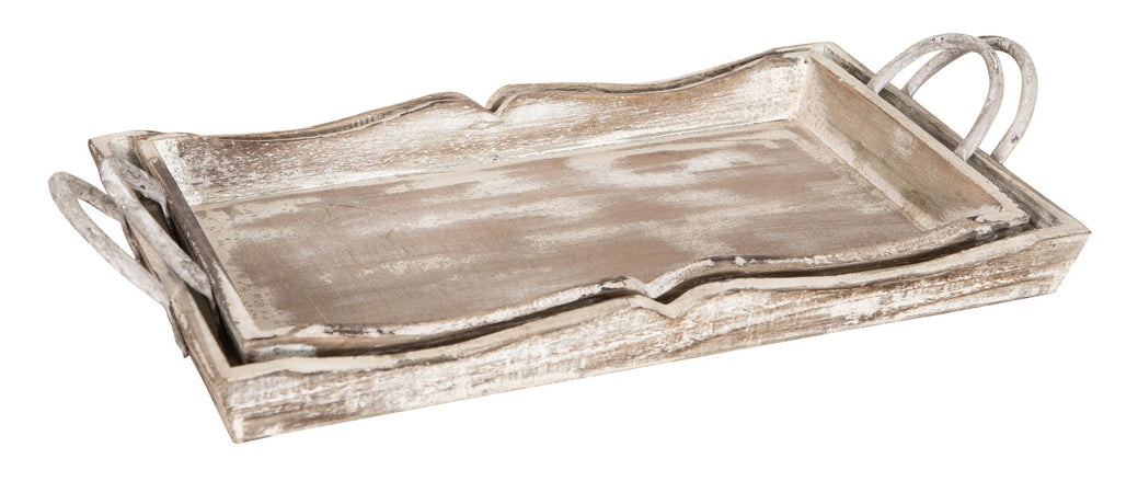 Biscottini Biscottini Set 2 Vassoi Legno Shabby Anticato Manici 51x9x28 48x9x24 Arredo Casa