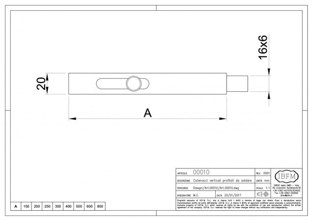 Catenaccio chiavistello da 10X20X400mm verticale a saldare zincato
