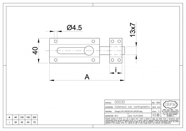 Catenaccio chiavistello da 12cm trasversale tropicalizzato