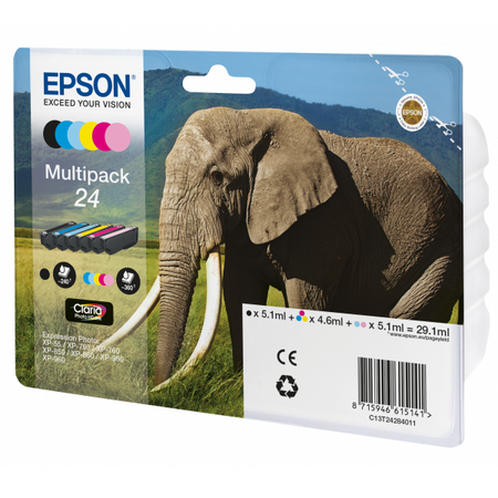 Epson 24 Multipack - confezione da 6 - 29,1 ml - nero, giallo, ciano, magenta, magenta chiaro, ciano chiaro - originale - confezione in blister - cartuccia d'inchiostro (alternativa a: Epson 24XL)