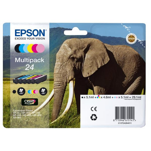 Epson 24 Multipack - confezione da 6 - 29,1 ml - nero, giallo, ciano, magenta, magenta chiaro, ciano chiaro - originale - confezione in blister - cartuccia d'inchiostro (alternativa a: Epson 24XL)
