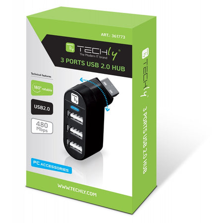 Techly Mini Hub Rotante con 3 Porte USB 2.0 Nero