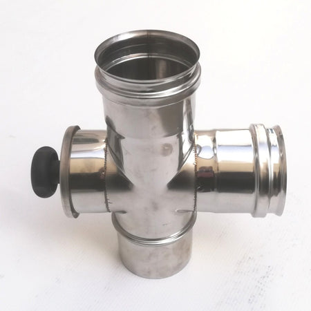Raccordo a T da 80mm in acciaio inox croce con ispezione 5 decimi AISI 304