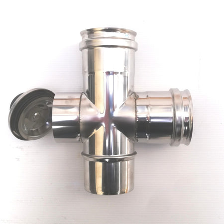 Raccordo a T da 80mm in acciaio inox croce con ispezione 5 decimi AISI 304