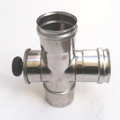 Raccordo a T da 100mm in acciaio inox croce con ispezione 5 decimi AISI 304