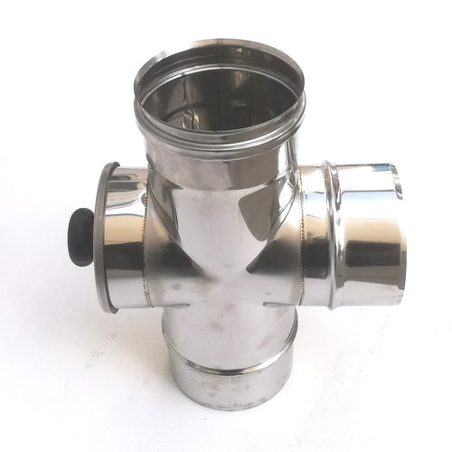 Raccordo a T da 200mm in acciaio inox croce con ispezione 5 decimi AISI 304