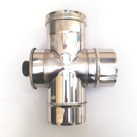 Raccordo a T da 200mm in acciaio inox croce con ispezione 5 decimi AISI 304