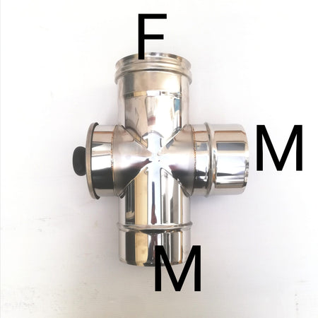 Raccordo a T da 200mm in acciaio inox croce con ispezione 5 decimi AISI 304