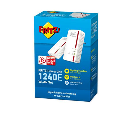 Starter Kit Powerline AVM FRITZ!Powerline 1240E - standard Powerline più recente fino a 1.200 Mbit/s - HomePlug AV (HPAV) - porta LAN Gigabit - 802.11b/g/n - wireless fino a 300 Mbit/s
