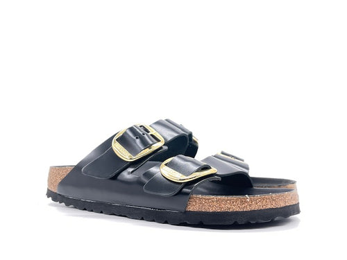 BIRKENSTOCK ARIZONA BIG BUCKLE HIGH SHINE BLACK Ciabatta donna in pelle spazzolata colore nero e fibbie dorate