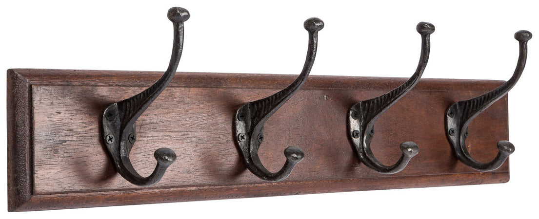 Biscottini Attaccapanni da parete in legno massiccio e ferro forgiato a mano finitura noce 60x12x16 cm