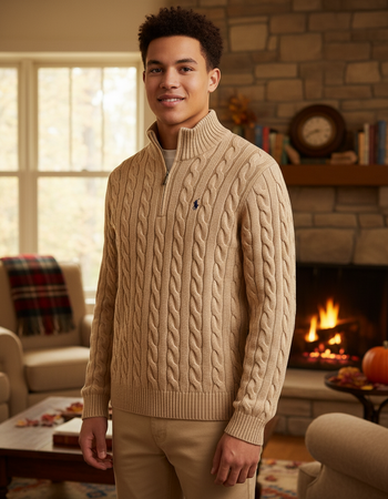 Polo Ralph Lauren Maglione Uomo Cable Knit Cotone Quarter Zip Collo Alto Pony Ricamato