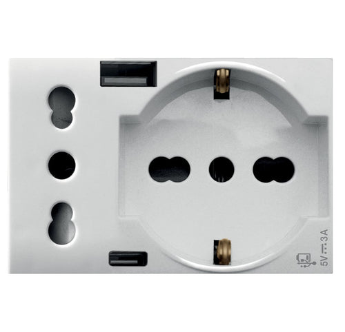WHITEK S44 Presa Schuko Presa Italiana USB-A e USB-C 2P+T 10/16A 250V 3 Moduli Bianco Opaco, 44609015USB