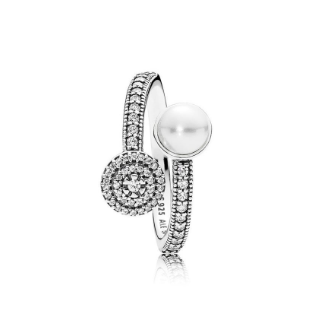 Pandora - Anello aperto con perla sintetica bianca e pavé