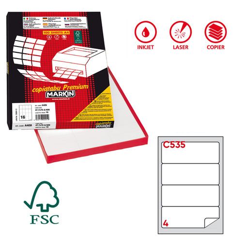 Etichetta Adesiva C/535 Bianca 100Fg A4 190X61Mm C/Angoli Arrot. (4Et/Fg Markin