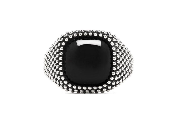 NOVE25 - ANELLO CHEVALIER QUADRATO PUNTINATO CON PIETRA ONICE