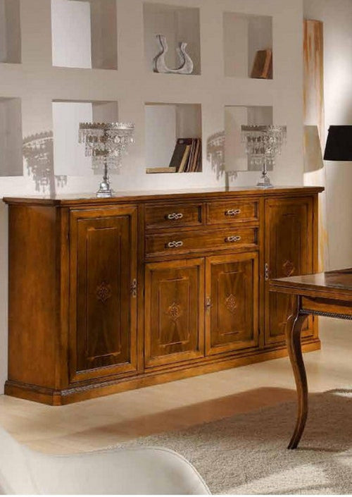 CREDENZONE IN LEGNO 4 PORTE-3 CASSETTI CON INTARSI FINITURA BASSANO MISURE L.211 P.49 H.113