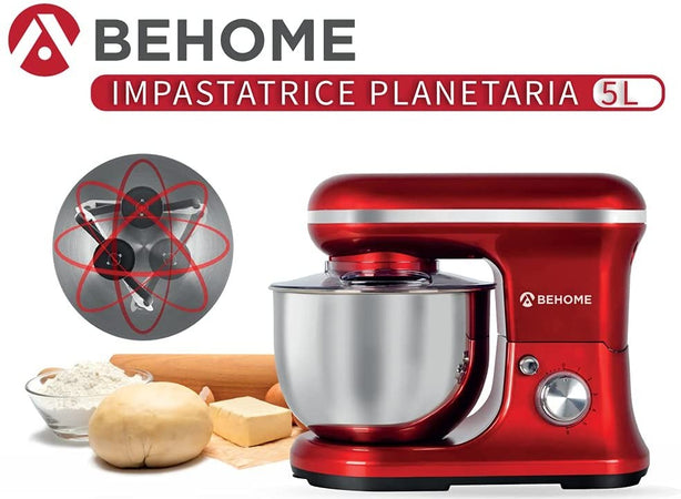 Behome Impastatrice Planetaria Professionale 5L Rosso | 6 Velocità, 2 fruste e 1 gancio per impastare