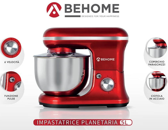 Behome Impastatrice Planetaria Professionale 5L Rosso | 6 Velocità, 2 fruste e 1 gancio per impastare