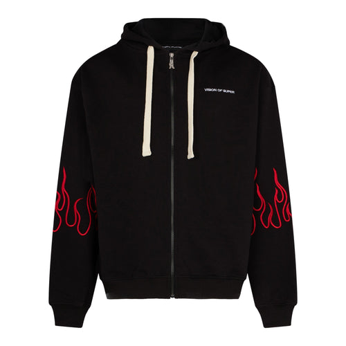 VISION OF SUPER Felpa Leggera Cappuccio Zip Uomo Embroidered Flames Zip Hoodie Black/red da uomo