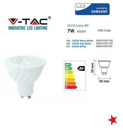 V-TAC PRO VT-277 LAMPADINA LED GU10 7W FARETTO SPOTLIGHT CHIP SAMSUNG 38° - SKU 165 / 166 / 167