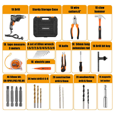 Valigetta Attrezzi 27pz + Trapano Avvitatore Elettrico 710W 3000rpm Mandrin 13mm