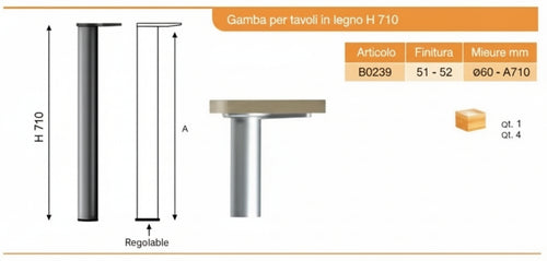 Gambe regolabili per tavolo Ø60x710mm, kit di 4 piedi per tavolo in acciaio, altezza regolabile 710-730mm (Bianco)