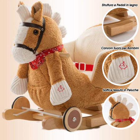 Cavallo a dondolo in legno con ruote Poni Cavalluccio Poltroncina Marrone Chiaro