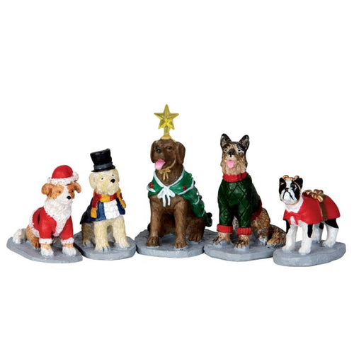 Statuette per villaggio di Natale Cani in costume set da 5 pezzi, in poliresina