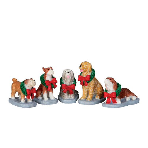 Statuette per villaggio di Natale Cagnolini in costume set da 5 pezzi, in poliresina