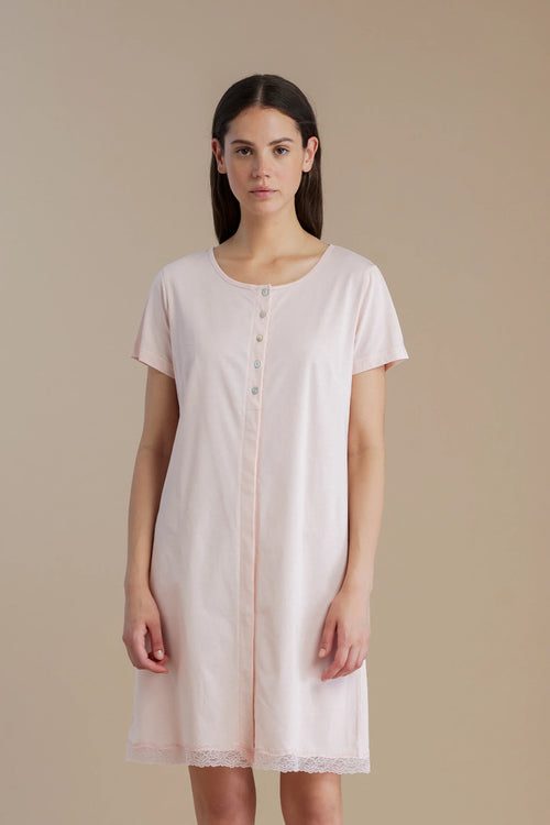 Camicia da notte in cotone a maniche corte con bottoni e bordo in pizzo - Noi di notte 3276