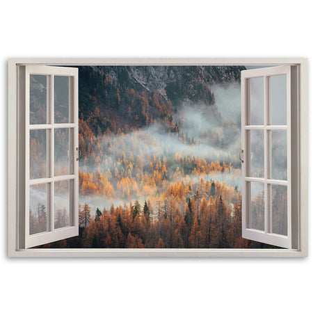 Quadro su tela, Finestra autunnale della nebbia in montagna