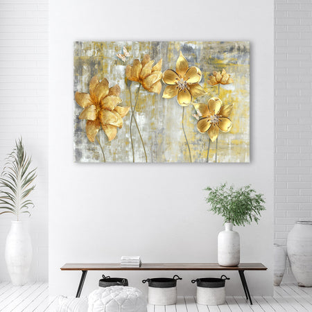 Quadro su tela, Fiori e farfalle dorate