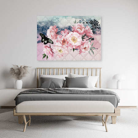 Quadro su tela, Fiori rosa e una farfalla nera